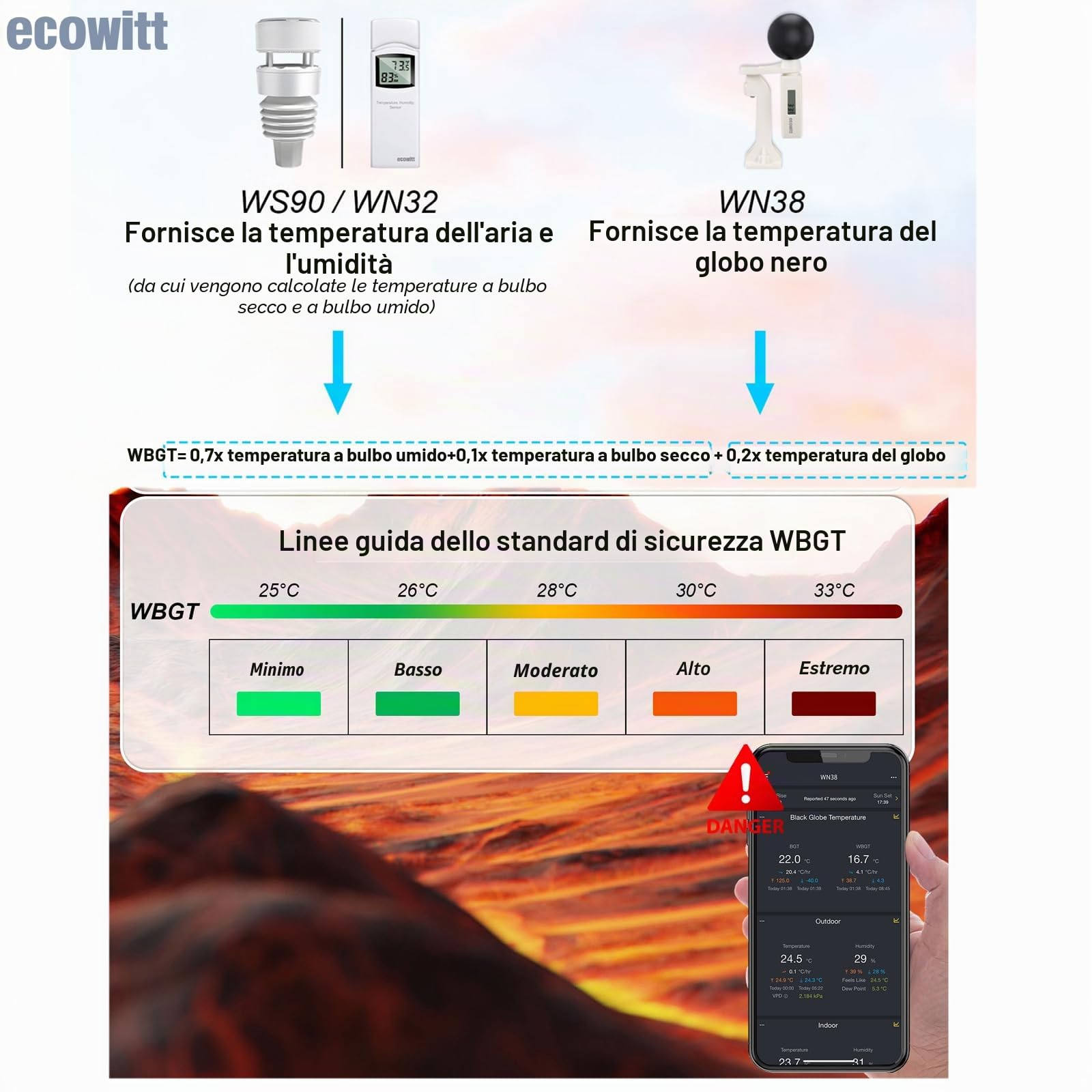 ECOWITT WN38 WBGT + HI Misuratore di indice di calore Sensore di temperatura globo nero Accessorio solo Non può essere utilizzato da solo