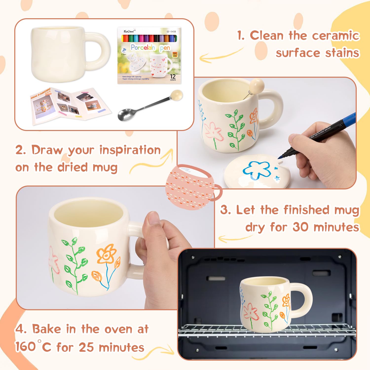 KKSJK Kit Pittura Ceramica, Tazze da Dipingere con Manico, Coperchio e Cucchiaio, Include Tazze e Vernice Ceramica, Dipingi la Tua Tazza, Set Fai da Te per Adulti Coppia