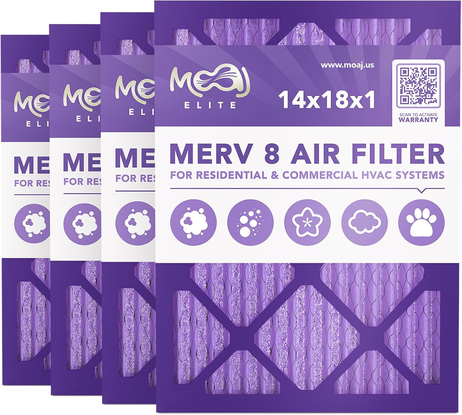 14x18x1 Air Filter (4-PACK) | MERV 8 | MOAJ Elite Dust Defense | BASED IN USA | Quality Pleated Replacement Air Filters for AC & Furnace Applications | Actual Dimensions: 13.70” x 17.70” x 0.75”