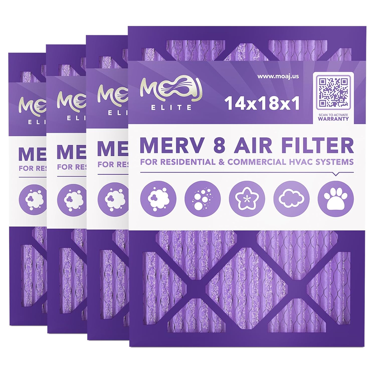 14x18x1 Air Filter (4-PACK) | MERV 8 | MOAJ Elite Dust Defense | BASED IN USA | Quality Pleated Replacement Air Filters for AC & Furnace Applications | Actual Dimensions: 13.70" x 17.70" x 0.75"