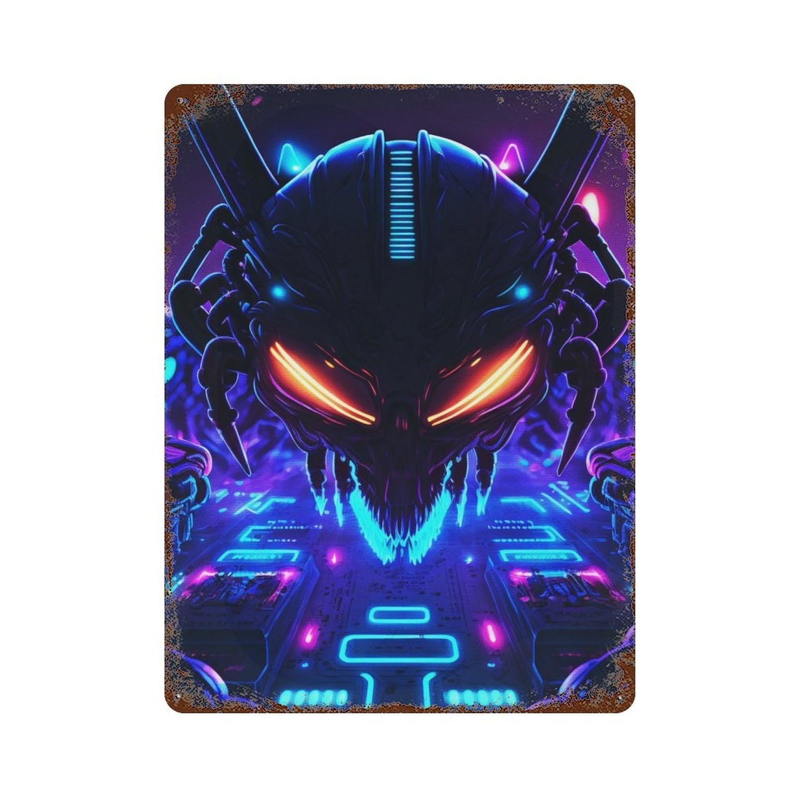 Neon Space Aliens 15.7"x11.8" Rusty Metal Tin Sign, Farmhouse Wall Decor for Office, Studio And Wall Decor