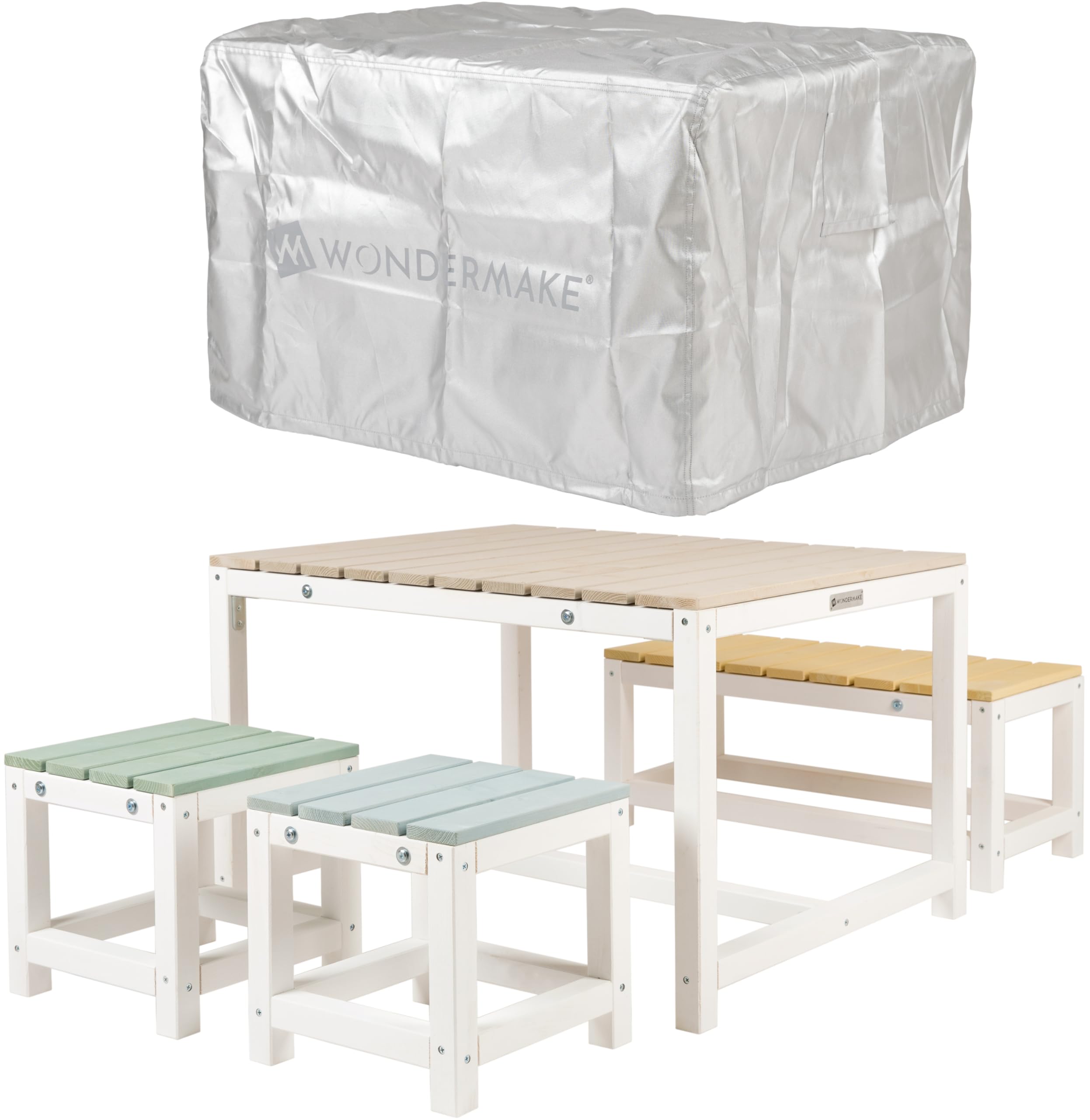 WONDERMAKE Design Kindersitzgruppe Outdoor/Indoor – 4-teiliges Vollholz-Kindermöbelset mit Abdeckung