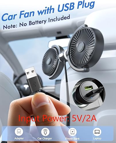 Miniatura 2 de Ventilador de Coche Alimentado por USB para Bebé: Ventiladores de Refrigeración Dobles para Asiento Trasero de 3 Velocidades Controladas por