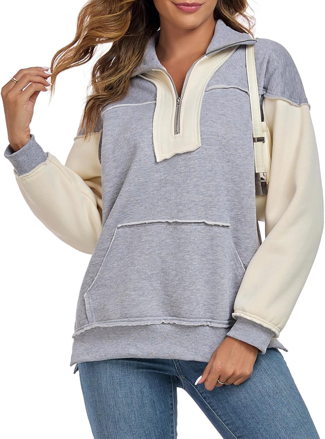 ALSOGO Women's Half Zip Oversized Sweatshirts Fleece Long Sleeve Colorblock Casual Pullover with Pockets 2025 Spring