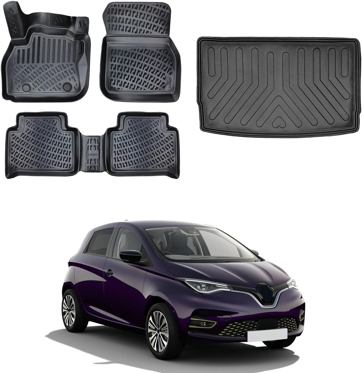 Floor Mats & Cargo Liner Set for Renault Zoe 2012-2024 Electric | Black TPE All Weather Custom Fit Floor Liner for 1st 2nd Rows and Trunk Car Mats