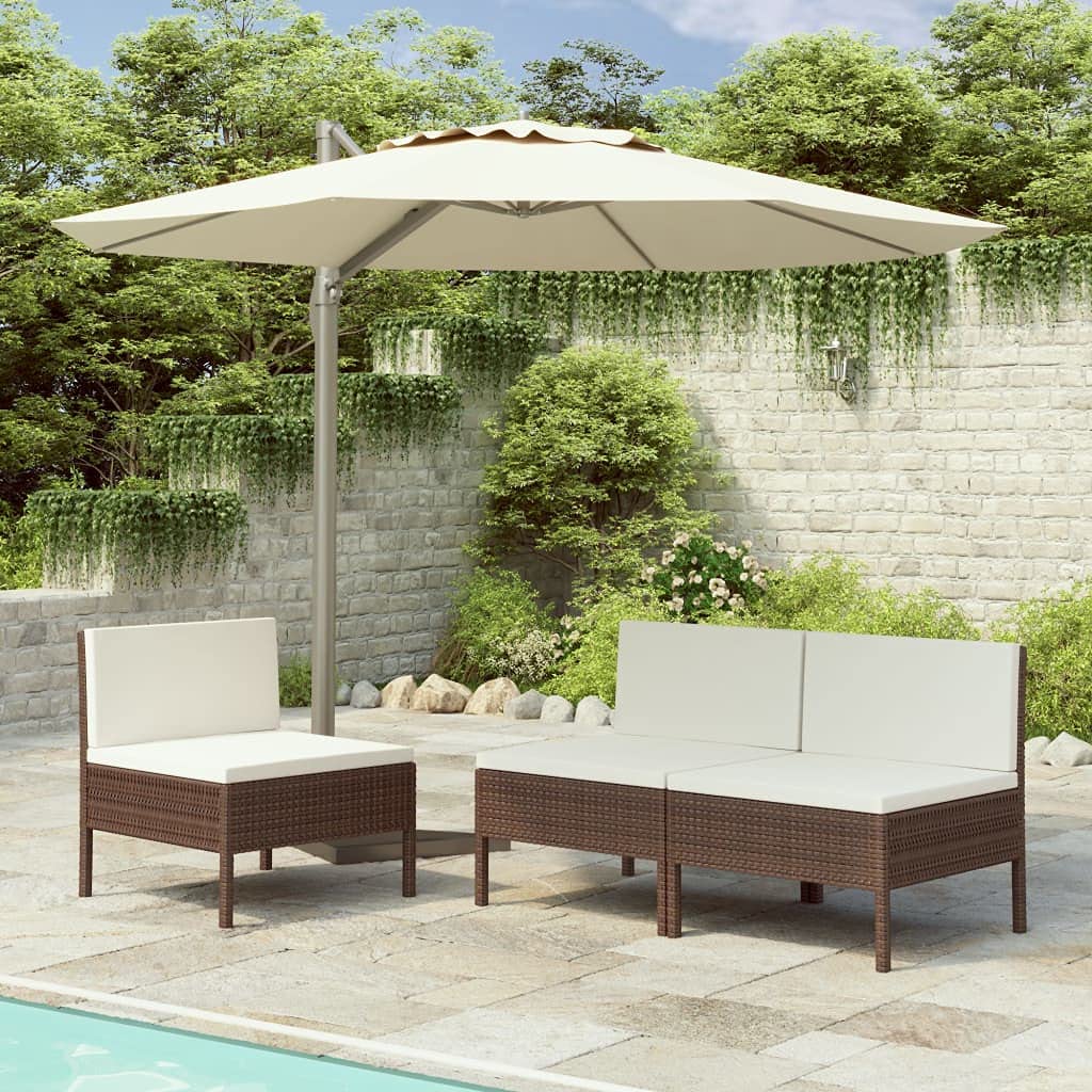 Chaise de jardin en polyrotin marron pour balcon et terrasse avec coussin de détente, lot de 3
