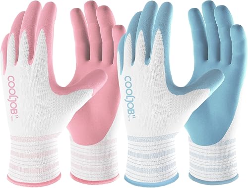 COOLJOB - Guantes de jardinería para mujer, guantes de jardín transpirables y con recubrimiento de goma, guantes de trabajo protectores para