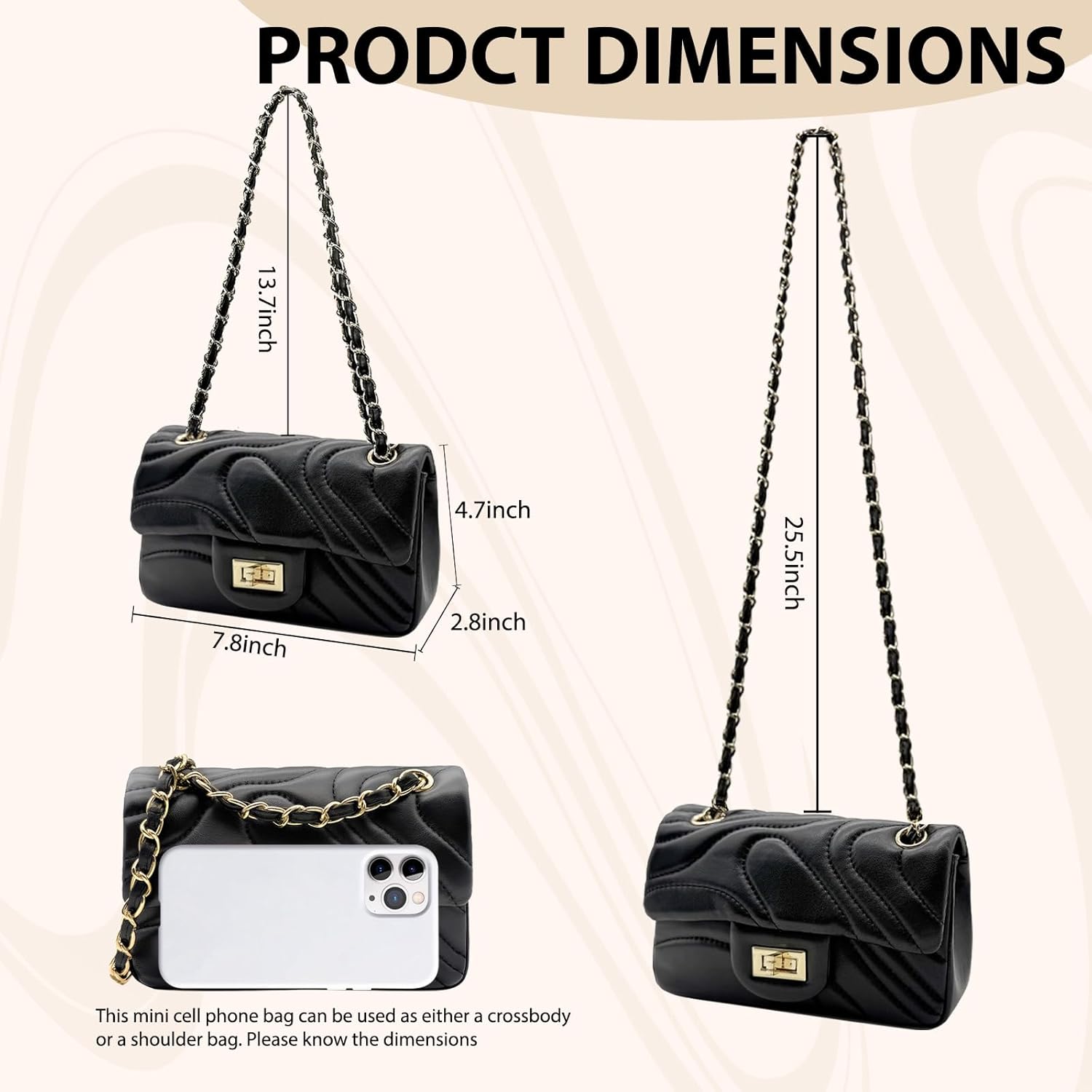 Quilted Leather Crossbody Bags for Women,Small Soft Lambskin Wavy Adjustable Double Chain Strap Shoulder Bag | Quilted, Leather, Soft, Lambskin, Adjustable, Double Chain Strap