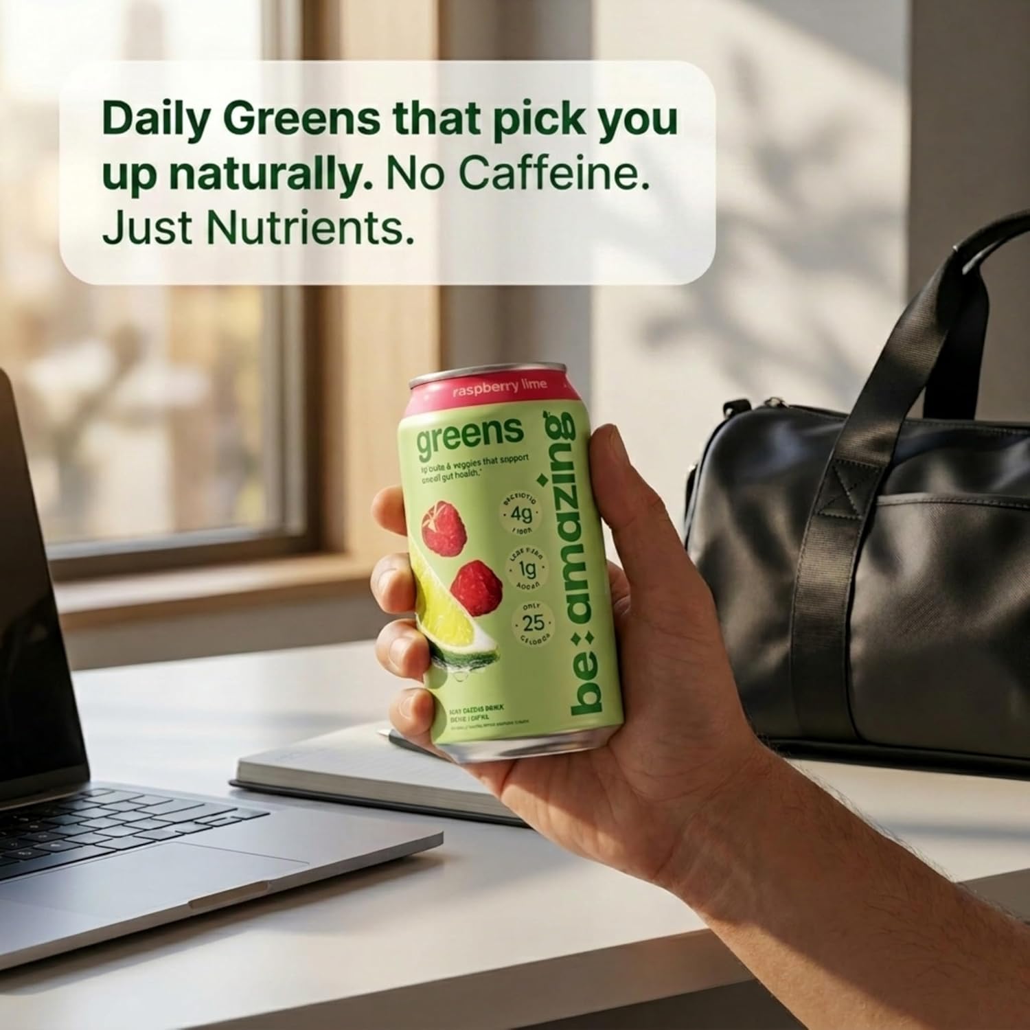 Be Amazing Greens Drink, Rasberry Lime, Vitamin Drinks With 10 Organic Fruits and Vegetables, Coconut Water, Vitamin C, and Prebiotic Fiber, 25 Calories, Low Sugar, Vegan and Gluten Free, 8 Pack