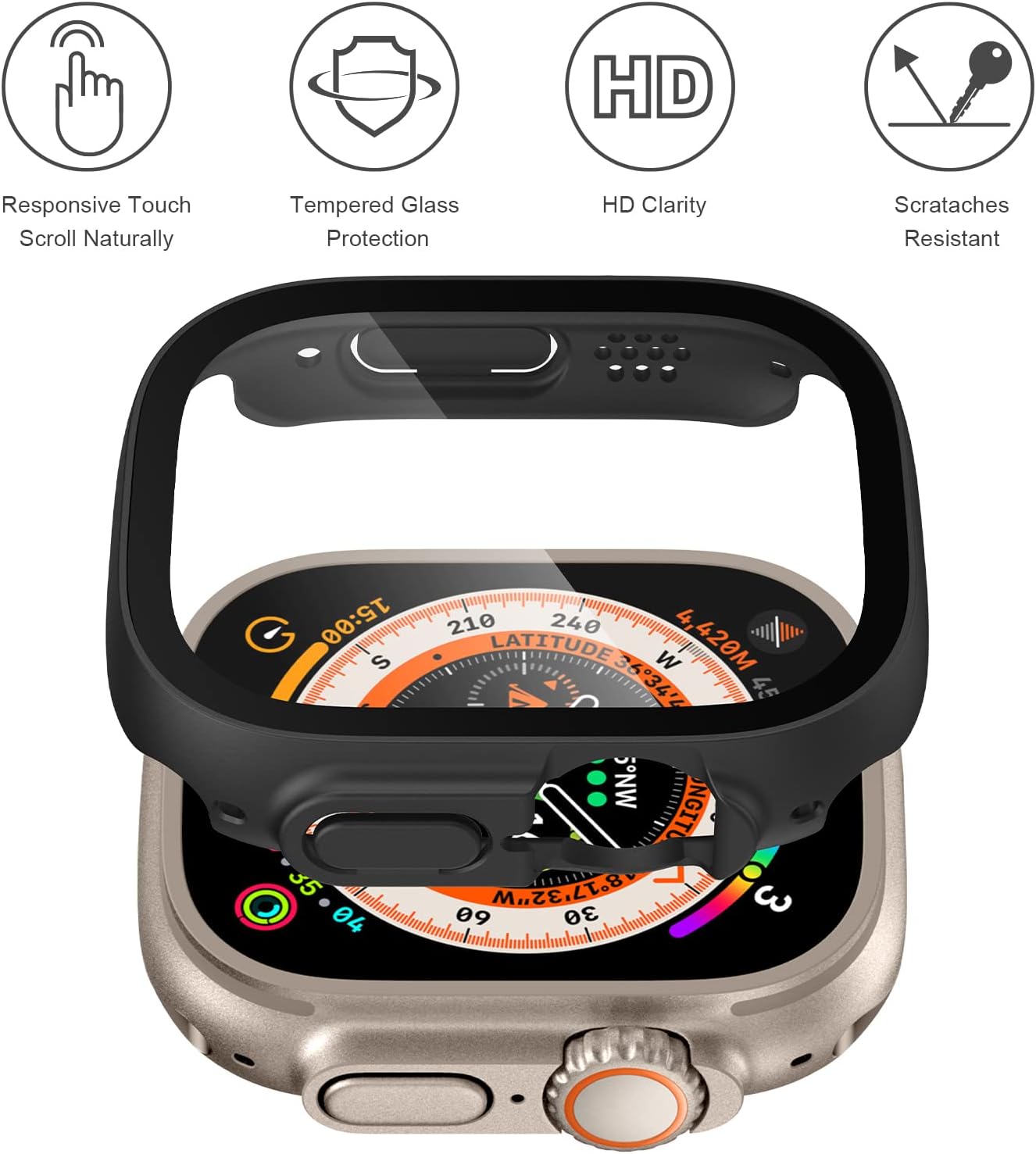 OXWALLEN Sport Rugged Bumper Designed for Apple Watch Ultra 49mm Case Built in 9H Tempered Glass Screen Protector, Hard PC Protective Case Cover - Matte Black