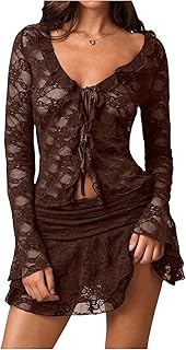 Women's V Neck Mesh Sheer Floral Lace Tie Front Flare Sleeve Tee Crop Tops