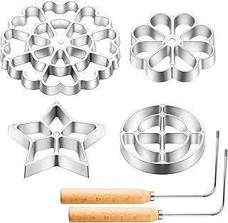 6 Pcs Rosette Iron Bunuelos makers with Handle Rosette Iron with 4 Interchangeable Heads Cookie Bunuelos Tool Aluminum Waffle makers Star Flower Circle for Kitchen Baking Cooking