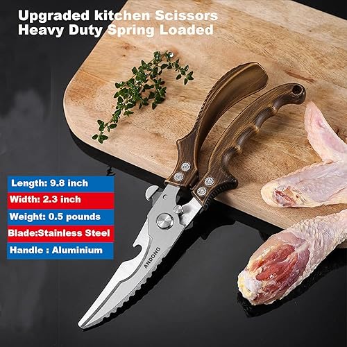 Miniatura 4 de ANDONG Tijeras de cocina  Tijeras de acero inoxidable resistentes para aves, carne y huesos con funda de cuero negro para alimentos