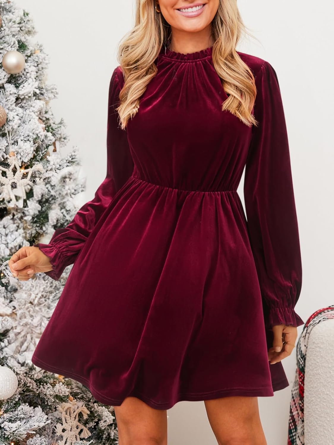 CUPSHE Women's Fall Dresses 2025 High Neck Long Sleeve Mini Party Ruffled Casual Tunic Velvet Wedding Guest Dress - Image 6
