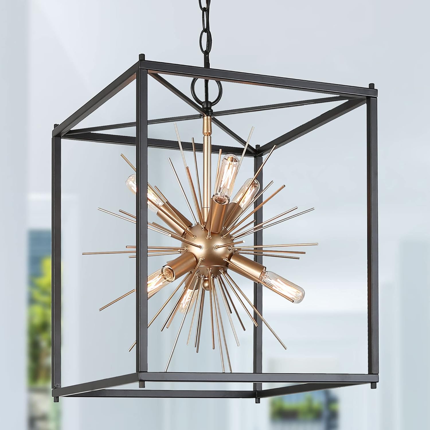 Durent Lighting Modern Chandelier Light Fixture, 6-Light Black Gold Sputnik Chandeliers, Square Industrial Pendant Lighting for Kitchen Island, Dinning & Living Room, Bedroom, Foyer, 14" D x 18.5" H