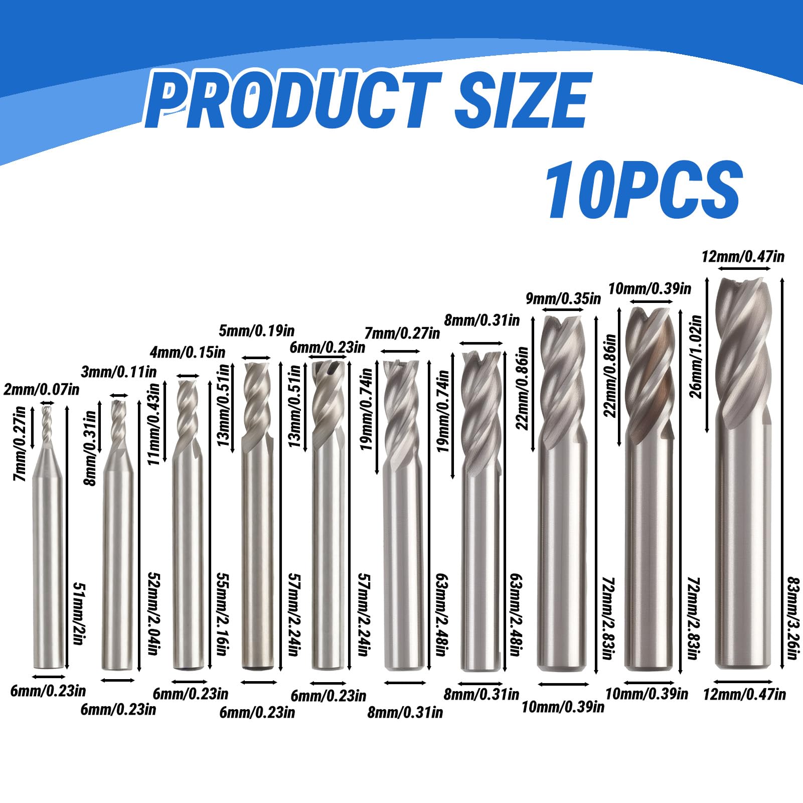 Lot de 10 Fraises à Tige HSS pour CNC, 4 Dents, Diamètres 2 à 12 mm, Fraise de Précision pour Métal, Aluminium, Bois, Plastique et Alliages, Coupe Rapide et Durable pour Fraiseuse