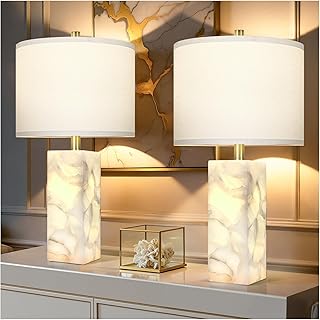 Scenekoy Natural Alabaster Table Lamp Set of 2 with Night Light for Bedr...