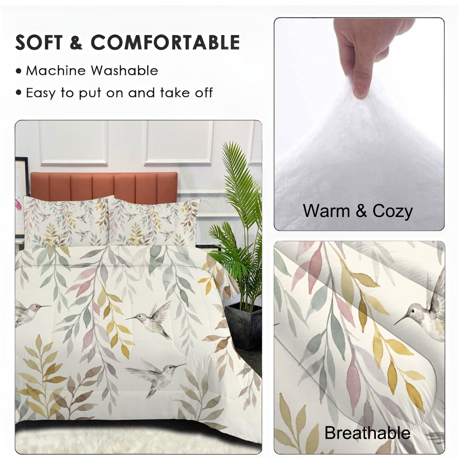 Copriletto Trapuntato Per Bambini Con Semplici Fiori E Uccelli Ad Acquerello | Trapunta Matrimoniale Invernale, Beige, Piumone Caldo Morbido Foglie Verdi Animali Per Decorazione Camera Da Letto