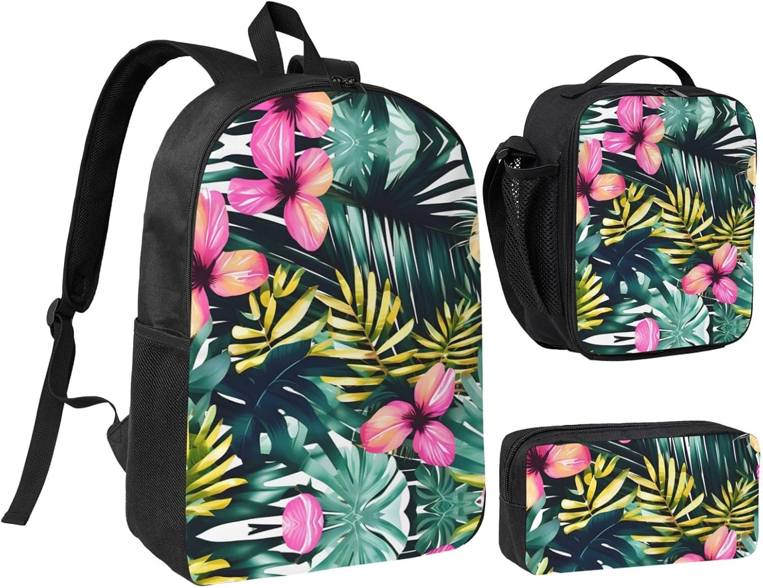 Tropical Summer Hawaiian Flower Palm Leaves print 3 Piece Backpack Bags with Lunch Box Pencil Case Set for Travel Work Camping Unisex