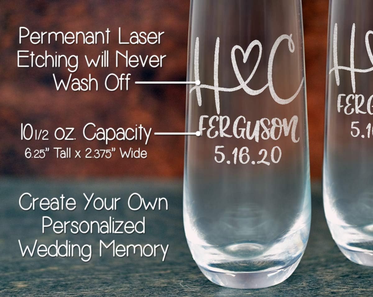 Monogrammed Set of 2 Couples Stemless Champagne Flutes Initials Engraved Wine Glassware Personalized Husband Wife His Her 25th Wedding Anniversary Renew Vows