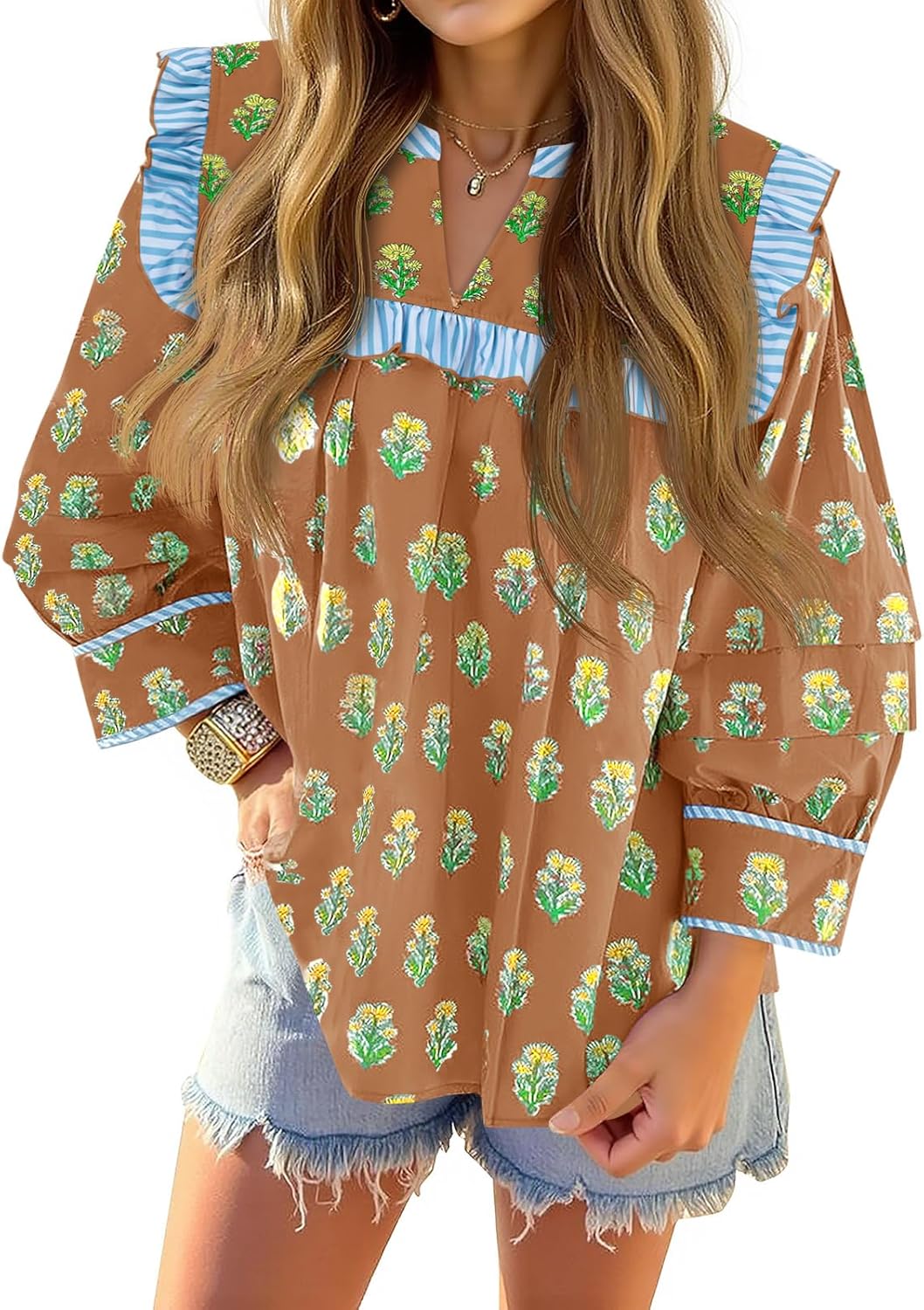 Tankaneo Womens Floral Babydoll Blouse Puff Sleeve Peplum Tops Casual Ruffle V Neck Flowy Boho Cute Shirts