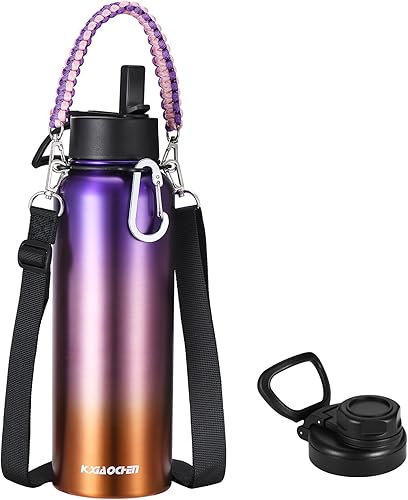 Miniatura 23 de KXIAOCHEN Botella de agua aislada, botella de agua de acero inoxidable, 2 tapas (con pajilla y tapa con asa), botellas de agua metálicas de boca
