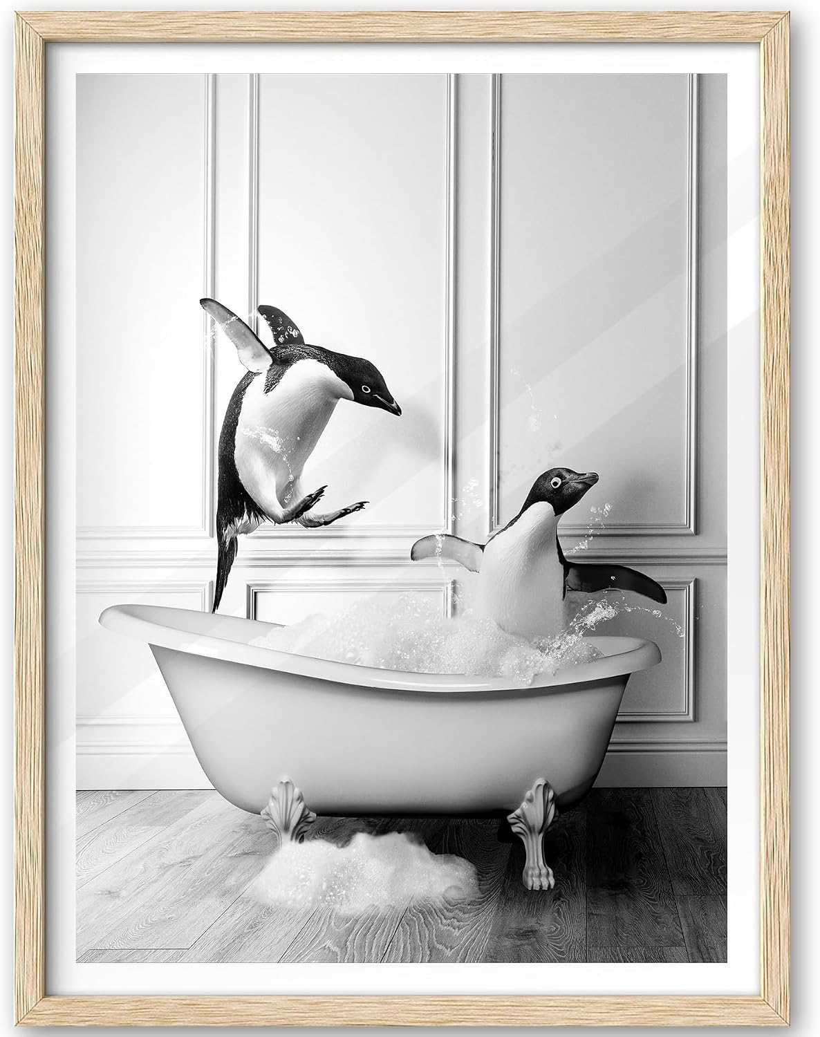 ihery natural oak wood framed wall art, 12x16 in funny bathroom wall art decor, penguin bathing animals canvas prints, black and white wall decor pictures for bedroom living room set of 1 oak wood framed penguin 16"l x 12"w