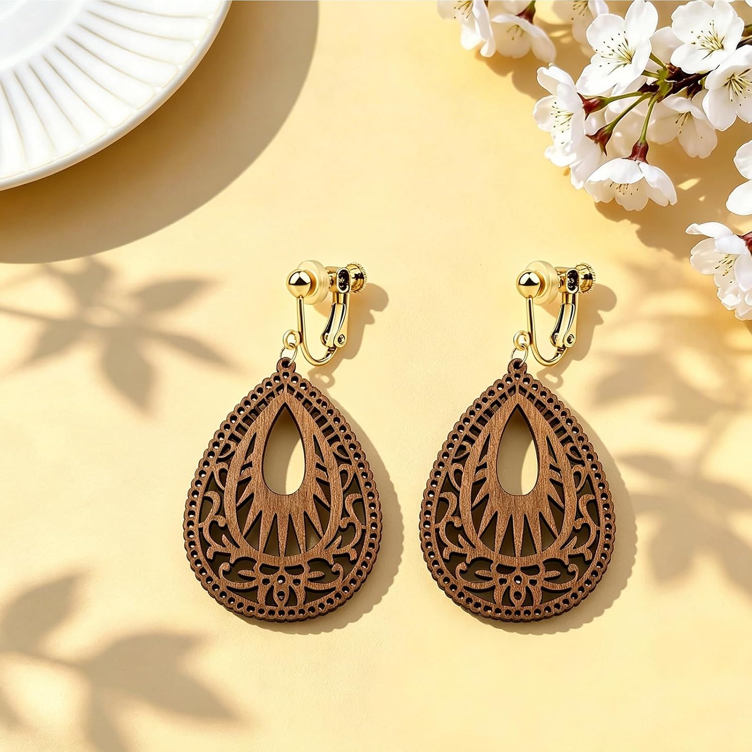 Bohemian Wood Clip on Earrings for Women Handmade African Teardrop Wood Dangle Earrings Lightweight Hollow Bohemian Jewelry
