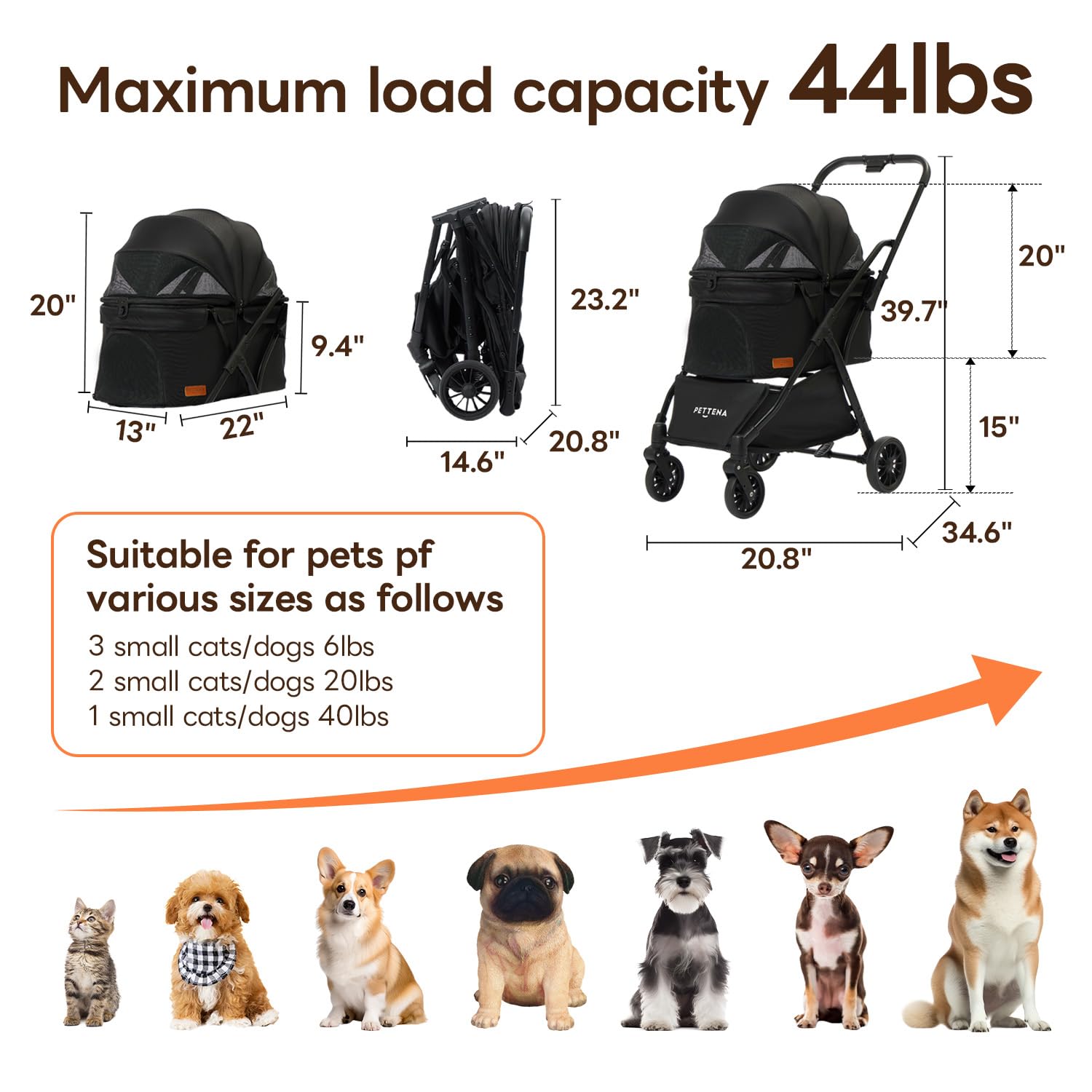 PETTENA Foldable Pet Stroller,4 Wheels Pet Strolling Cart for Small Dogs Cats up to 44 Lbs, Pet Travel Carrier Strolling Cart with Storage Basket, Portable Dog Cat Stroller with Breathable Mesh, Black