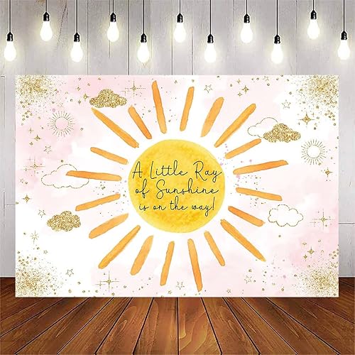 Avezano Telón de fondo rosa Sunhine para baby shower para niña, con texto en inglés "A Little Ray of Sunshine is On The Way", decoración bohemia