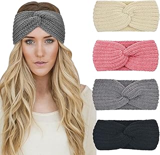 DRESHOW 4 Pack Crochet Knit Turban Headband Warm Bulky Crocheted Head Wrap Headband Ear Warmer for Women
