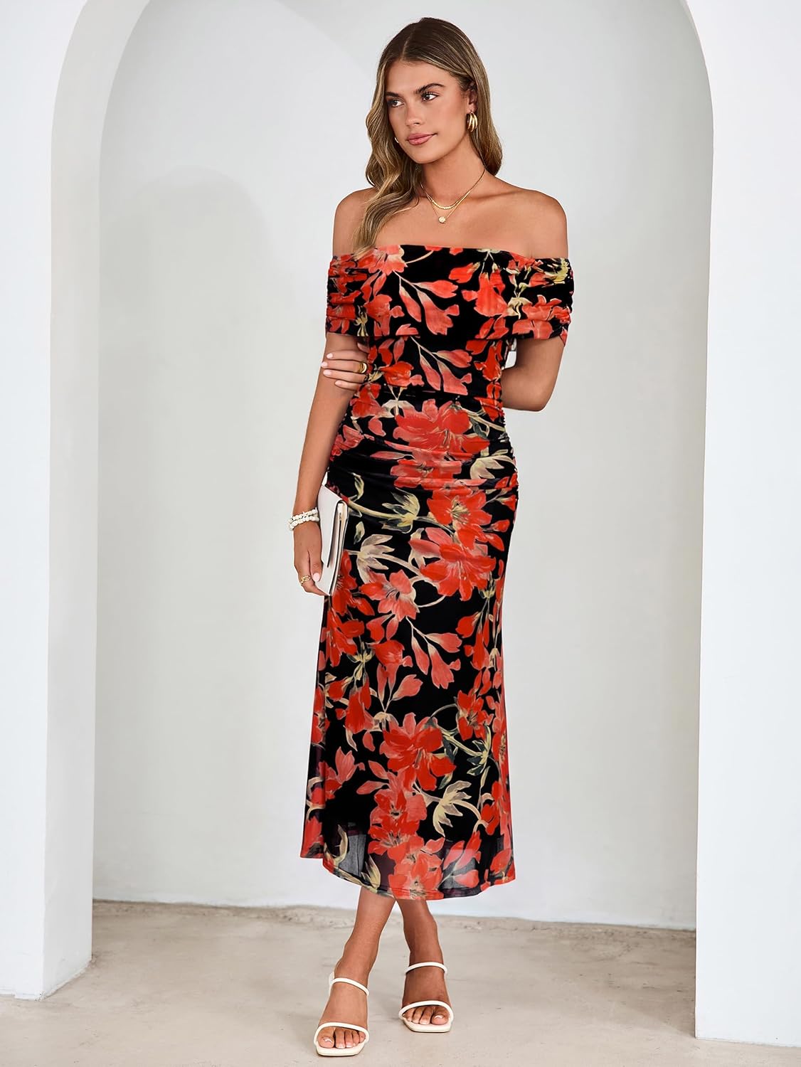 Simplee Womens Summer Floral Off Shoulder Maxi Dress 2026 Spring Ruched Bodycon Formal Wedding Guest Cocktail Dresses - Image 3