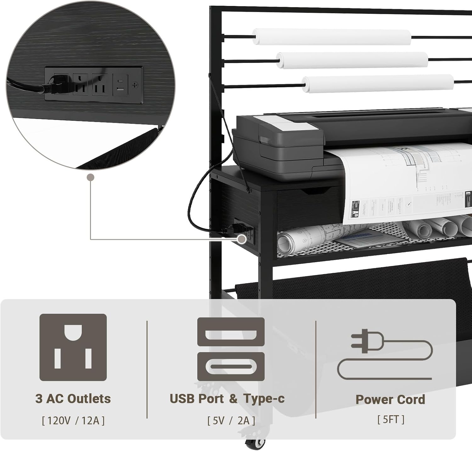 Natwind Wide Format Printer Stand, Plotter Workbench Table with Pull-Out Drafting Storage, Roll Paper Holder, Accessory Drawer, Adjustable Storage Shelf for Plotters and Cutting Machines (Black)