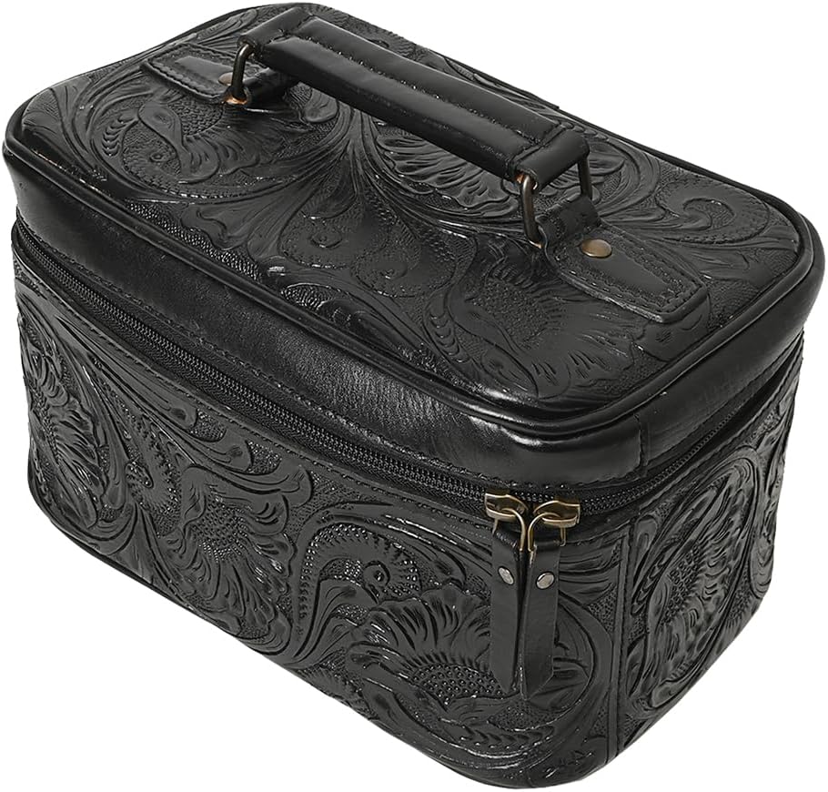 American Darling Western Hand Tooled Leather Jewelry Case | Handcrafted Travel Makeup Bag with Handle and Divided Interior