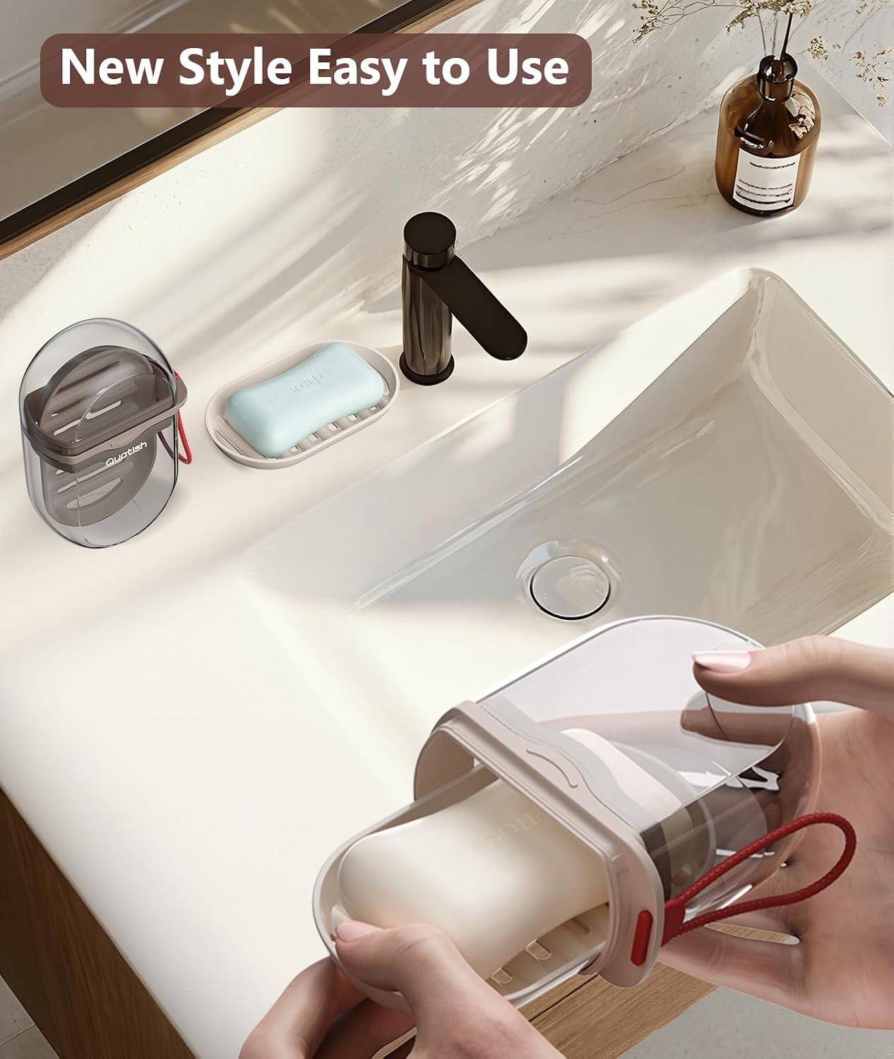 Quatish Travel Soap Case with Lid, Portable Bar Soap Holder Dish, Brown