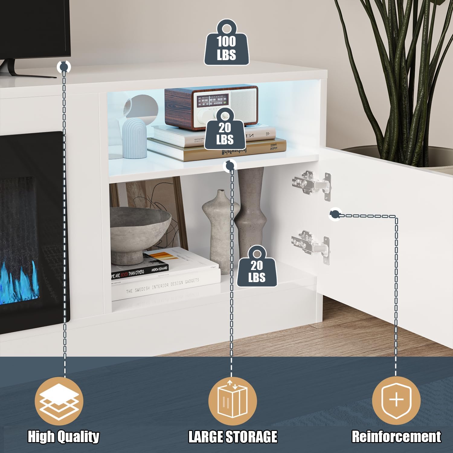 Image detailing the storage capacity of the VITESSE TV stand, showing weight limits for the top (100 lbs) and shelves (20 lbs), and highlighting high-quality construction and reinforcement.
