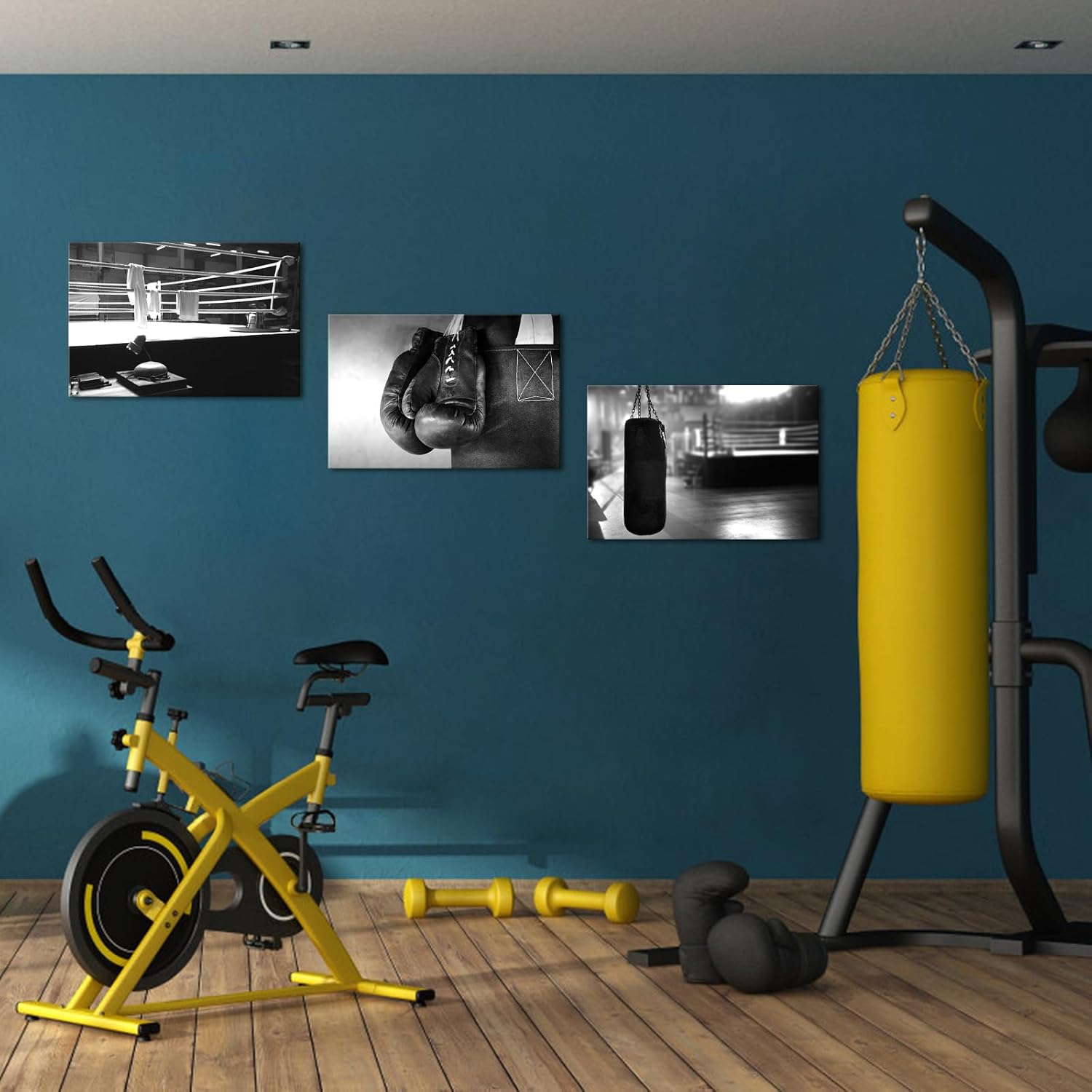 RnnJoile 3 Piece Boxing Canvas Art Wall Decor Gym Pictures for Home Wall Black White Sport Prints Artwork Framed 16"x20" (Medium)