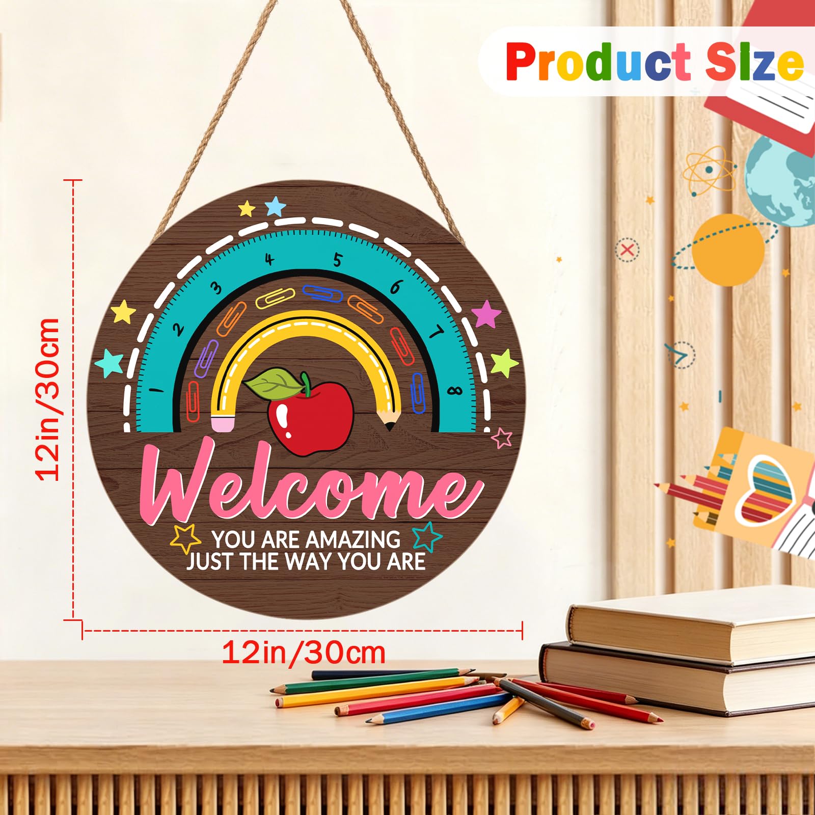 Letrero de puerta de profesor para aula, letrero de bienvenida de 30,5 x 30,5 cm, letrero de bienvenida para aula, corona de profesor, placa colgante de arco iris, cartel de bienvenida para la