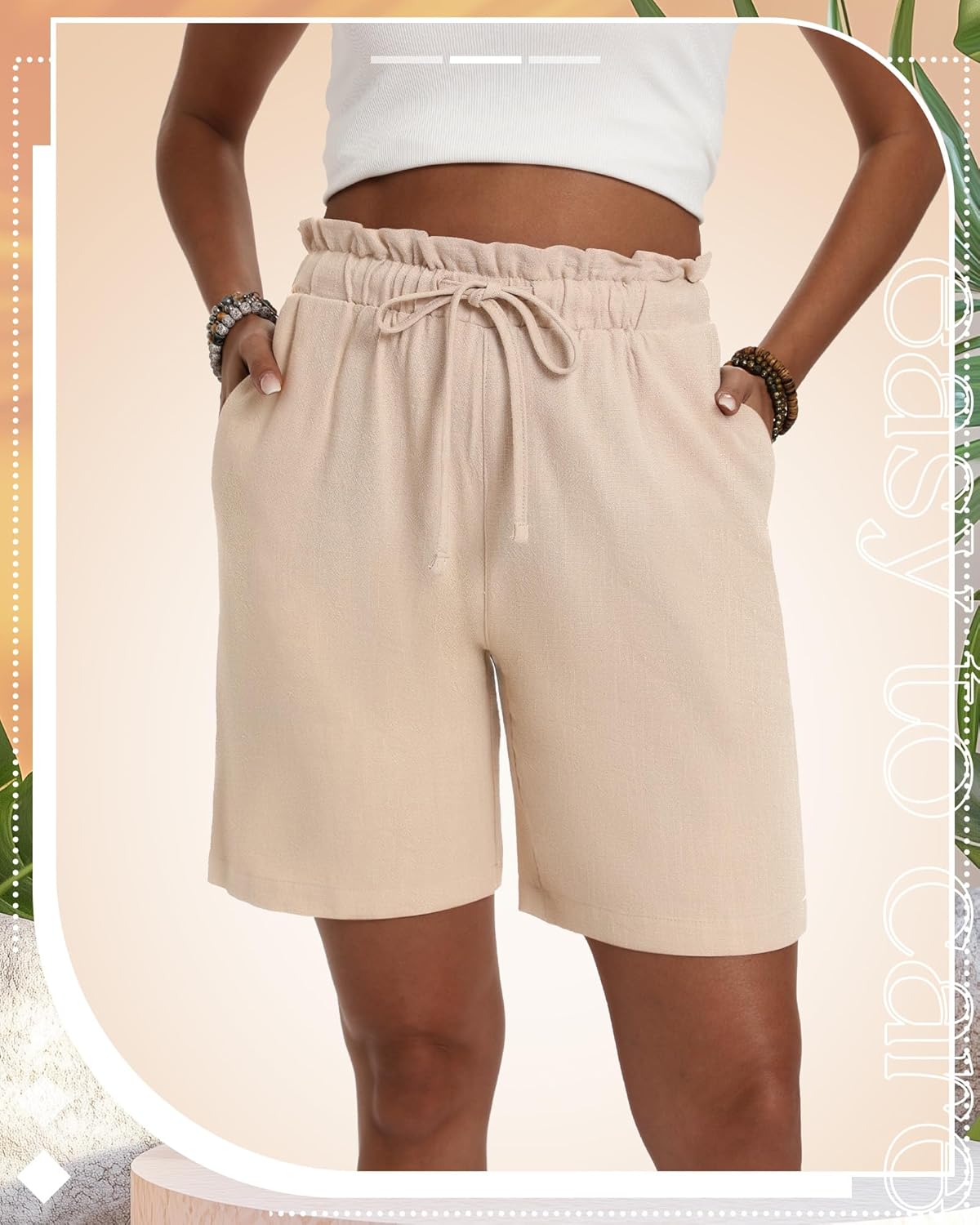 Neer 3 Pack Women's Linen Bermuda Shorts Summer Wide Leg Casual High Waist Drawstring Mid Length Shorts with Pockets - Image 6