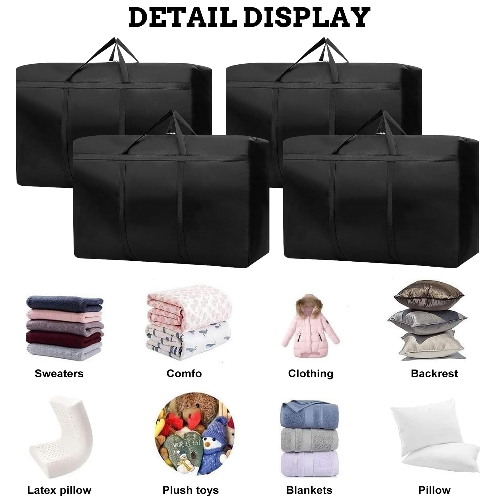 4 sacchetti da 180 l, extra grandi, 600D, Oxford Heavy Duty con chiusura lampo, borsa da viaggio, pieghevole, per coperte, vestiti, biancheria da letto, 100 x 58 x 28 cm