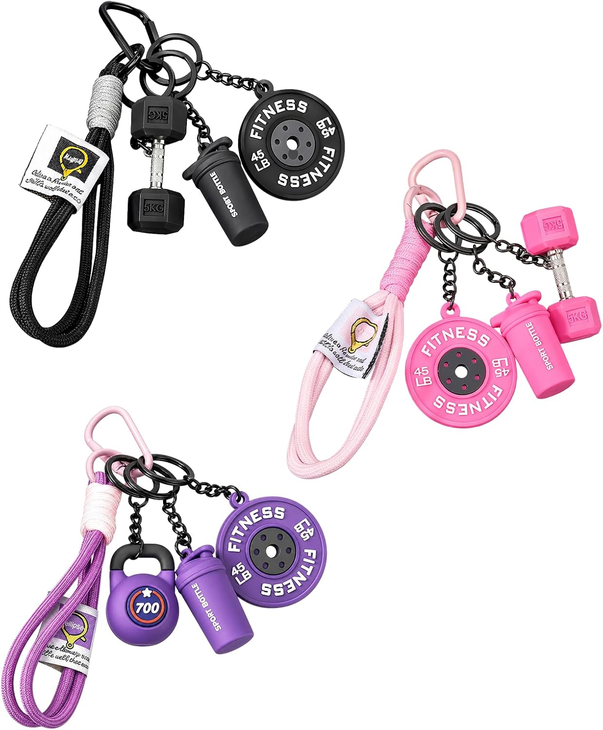 3-Piece Gym Keychain Set, Dumbbell Keychain and Bag Charms for Men and Women