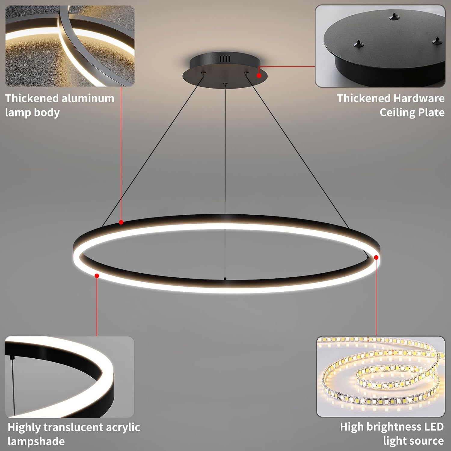 23.6in Modern Pendant Lights, Acrylic Anti Flicker Pendant Lamp with Remote Control LED Dimmable 3 Color Mode & Brightness (Warm & Cool & Neutral Light) Ceiling Lamp for Kitchen,Chandelier Black