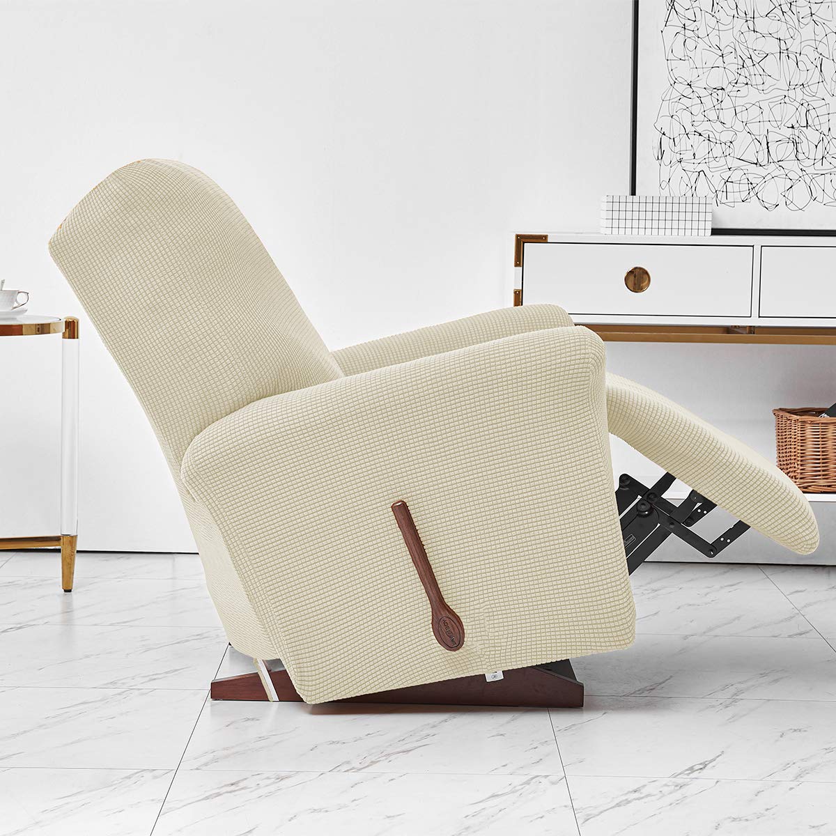 ele ELEOPTION Recliner pokrowiec na sofę, rozciągliwy pokrowiec na fotel wypoczynkowy, spandex, żakard, 4-częściowy pokrowiec na fotel relaksacyjny, pokrowiec na fotel relaksacyjny, fotel do masażu (beżowy)