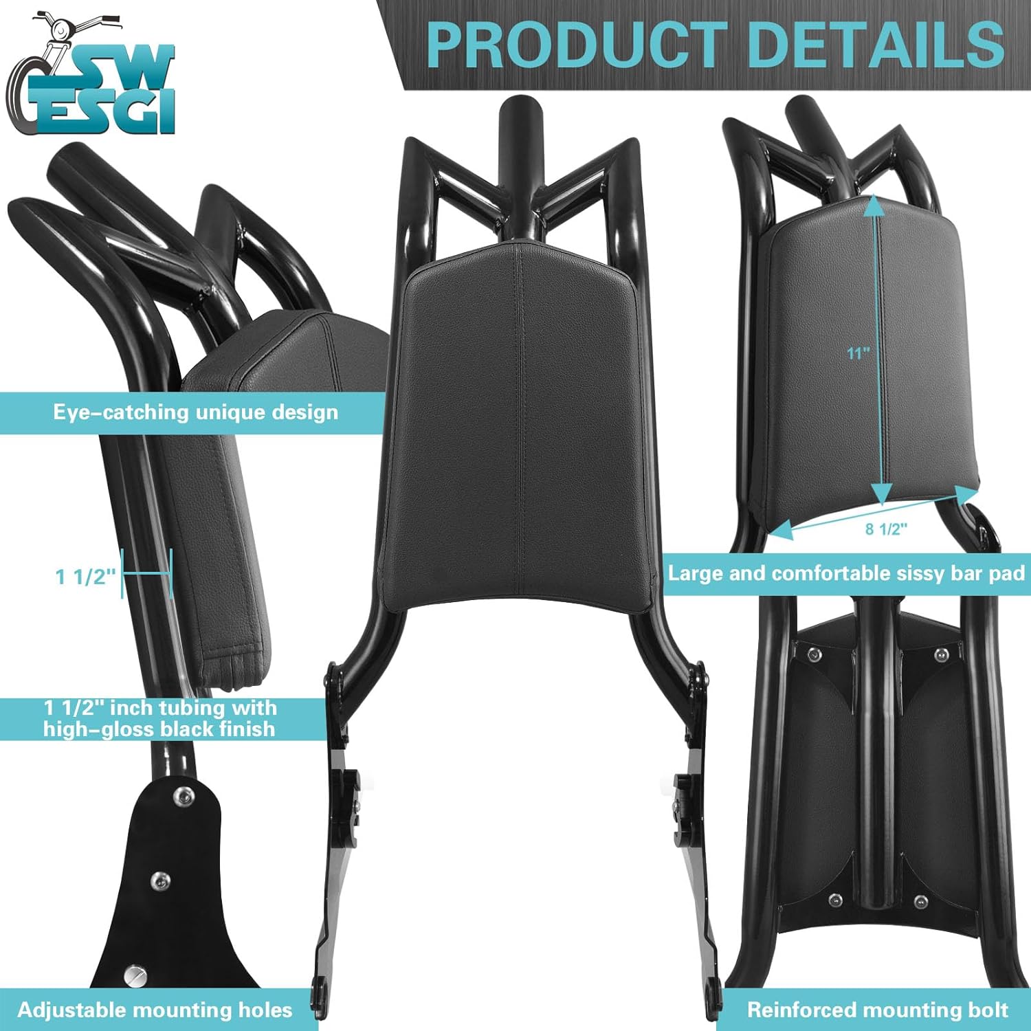 Detachable Adjustable 24” Sissy Bar Passenger Backrest Compatible with Harley Touring Street Glide Road Glide Road King Electra Glide 2009-2025 Gloss Black