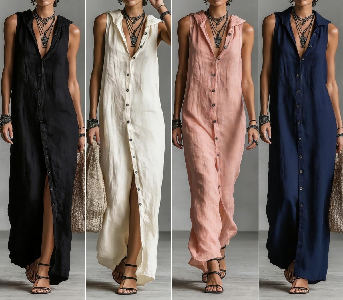 Vestido largo sin mangas con capucha y cuello en V para mujer, vestido camisero suelto con abertura frontal, mezcla de lino, vestido minimalista de verano para la playa