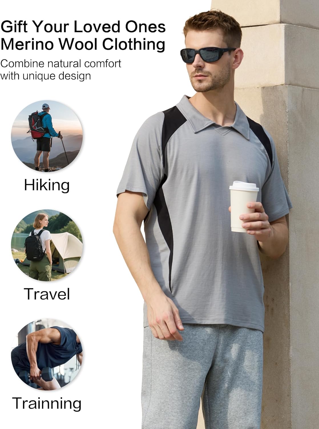 Merino Wool Polo Shirts for Men for Golf Work Sport, Lightweight Soft Moisture Wicking Mens Polo Shirt Short Sleeve