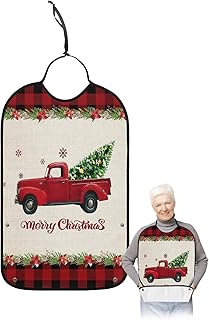 BOBOWUNY Christmas Truck Adult Bibs for Elder Women Men Eating, Black Red Plaid Xmas Tree Snowflake Poinsettia Waterproof & Washable Bibs for Eating Clothing Protector Dining Bibs for Crumb Catcher