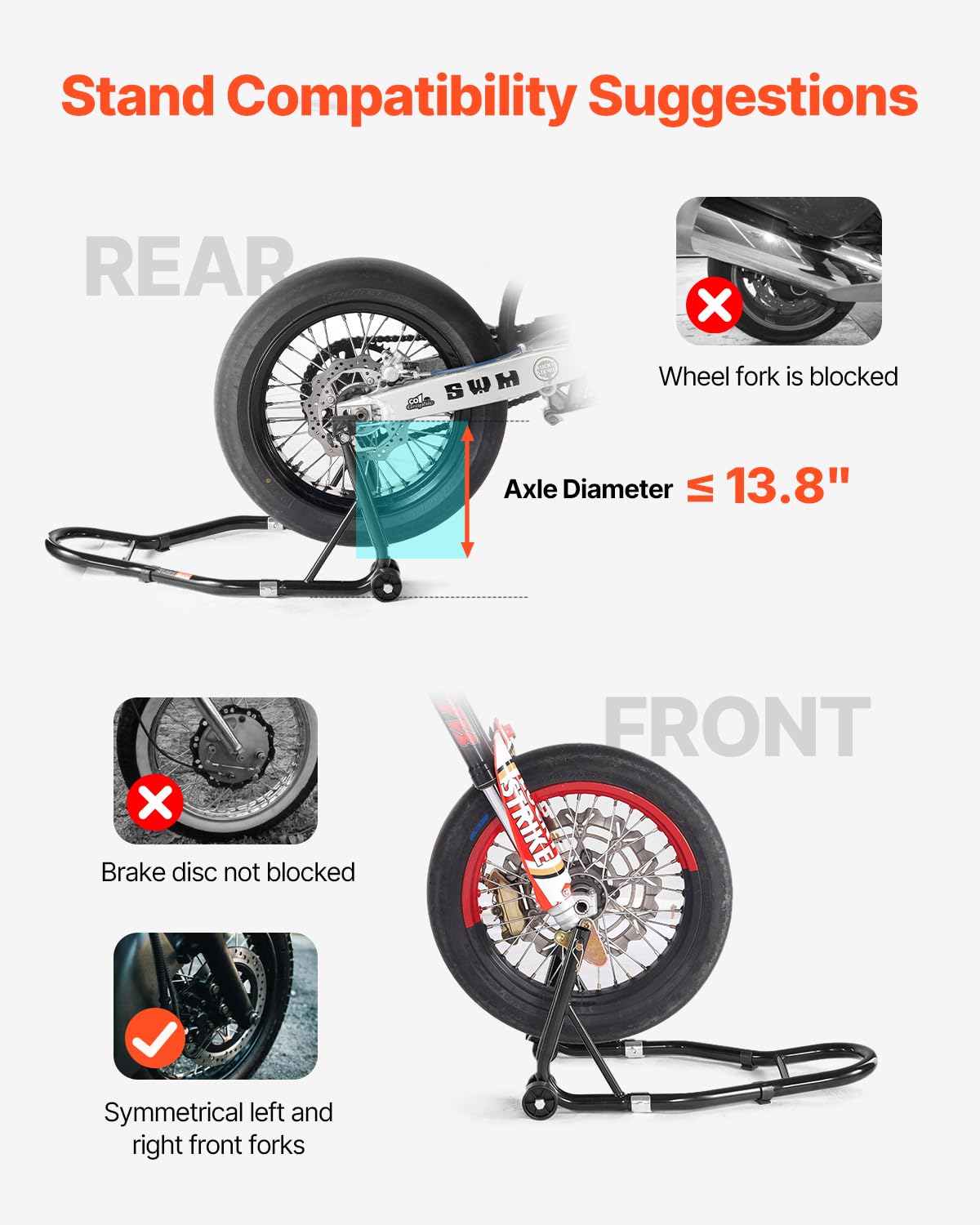VEVOR Elevador de Caballete para Motocicleta, Capacidad de 500 kg, Soporte de Doble Horquilla para Rueda Delantera, Compatible con Yamaha, Honda y Suzuki, Negro. 770 x 590 x 350 mm