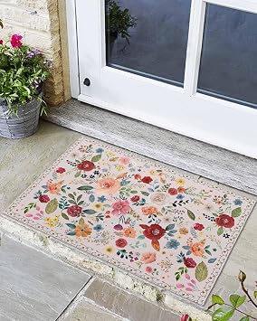 Floral Pink Door Mat Non Slip Front Door Mat Indoor Outdoor Doormat Entrance Mat Low Profile Floor Mat Washable Spring Summer Farmhouse Flowers Leaves Welcome Mat for Entryway, 16"x24"