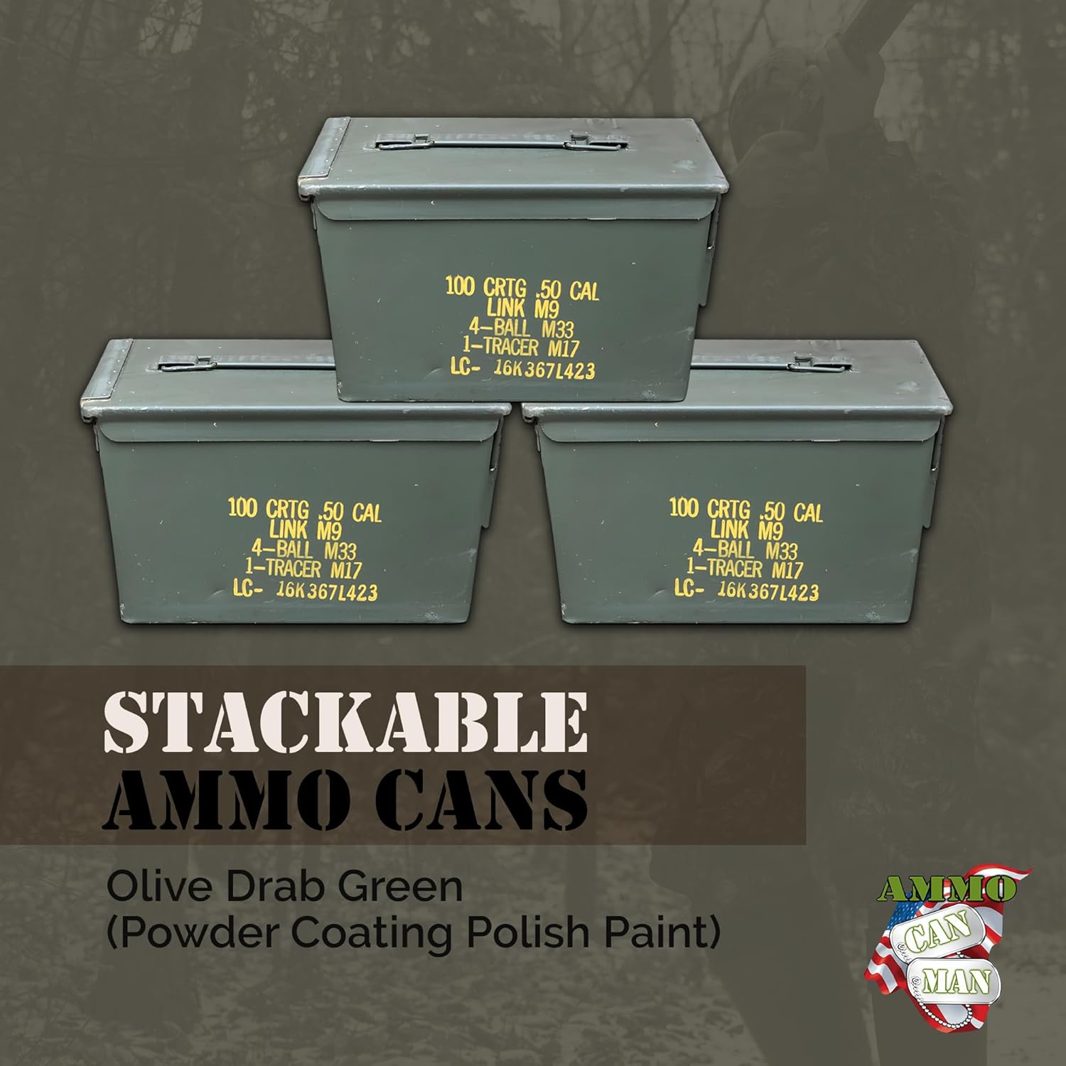 M2A1 50 Cal Ammo Can Grade 2 (Pack of 3) - Various Stenciling Ammo Cases for Storage w/Powder Coating, Steel, Aluminum - Ideal Military Grade Storage